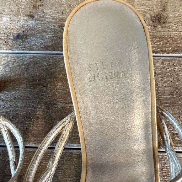 Stuart Weitzman Gold Metallic Leather Cutout Slide On Kitten Heel Sz 6.5 - Picture 11 of 12